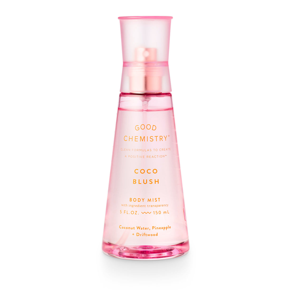 A pink spray bottle labeled 'GOOD CHEMISTRY COCO BLUSH BODY MIST' with a clear view of the product description and fragrance notes.