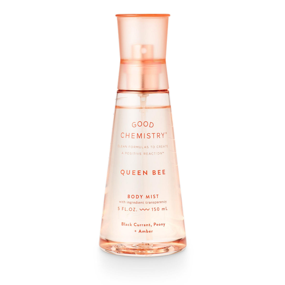 A clear spray bottle labeled 'GOOD CHEMISTRY QUEEN BEE BODY MIST' with a pink hue containing a citrus-fruit scented body mist.