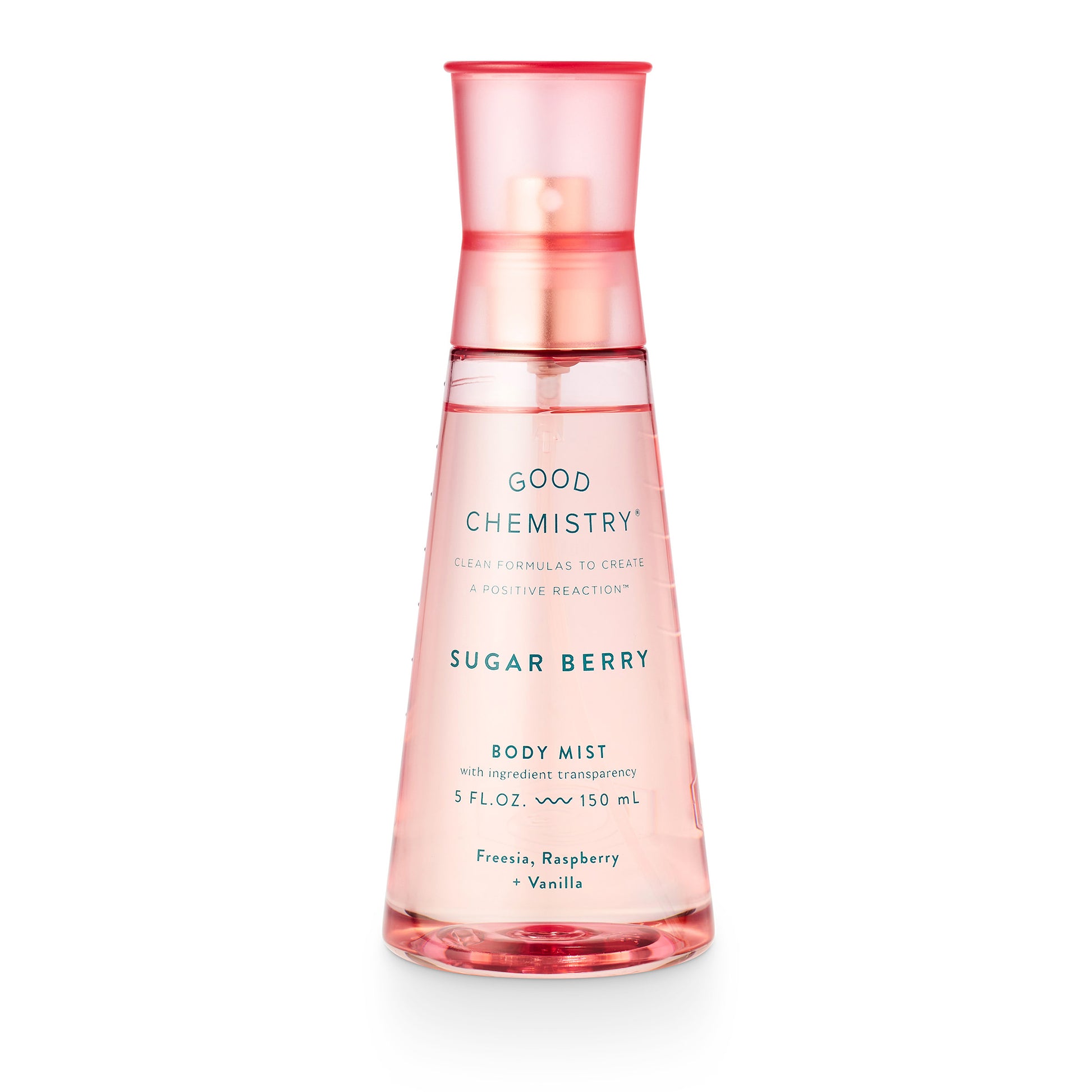 A pink spray bottle labeled 'GOOD CHEMISTRY' with 'SUGAR BERRY' on the cap, describing it as a Body Mist with fragrance notes of Freesia, Raspberry, and Vanilla.