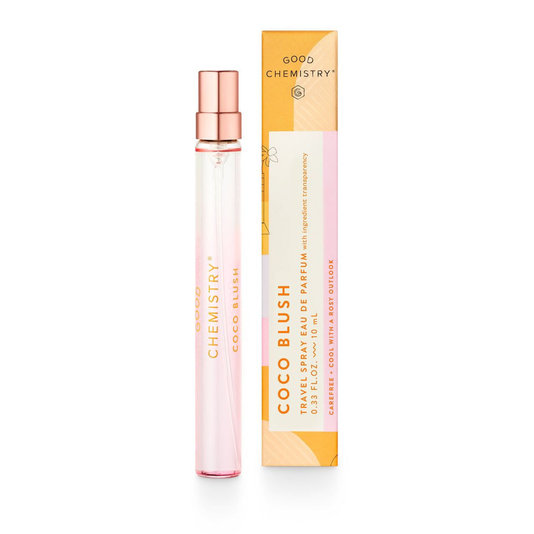 A travel spray bottle of Coco Blush Eau de Parfum with its packaging box. The bottle is pink with text 'GOOD CHEMISTRY' and the box is yellow with 'COCO BLUSH' and product details.