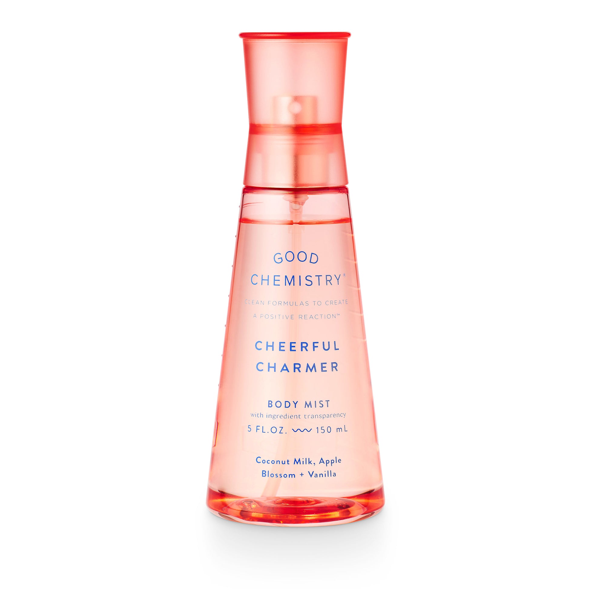 A clear pink spray bottle labeled 'GOOD CHEMISTRY CHEERFUL CHARMER BODY MIST' with text indicating fragrance notes of coconut milk, apple blossom, and vanilla.