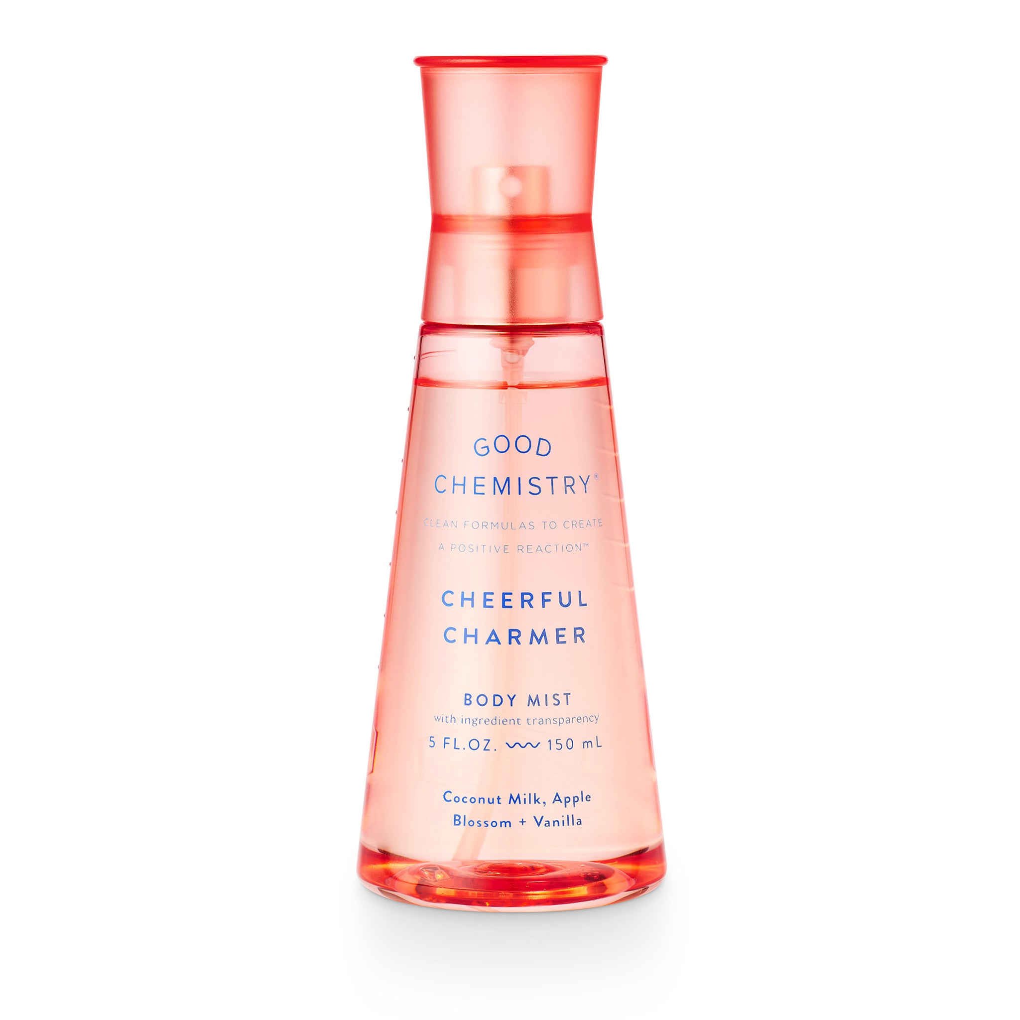 A clear pink spray bottle labeled 'GOOD CHEMISTRY CHEERFUL CHARMER BODY MIST' with text indicating fragrance notes of coconut milk, apple blossom, and vanilla.