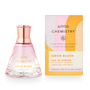 A bottle of Good Chemistry  Coco Blush Eau de Parfum with its packaging. The bottle is pink with a clear liquid visible inside and a rose gold cap.
