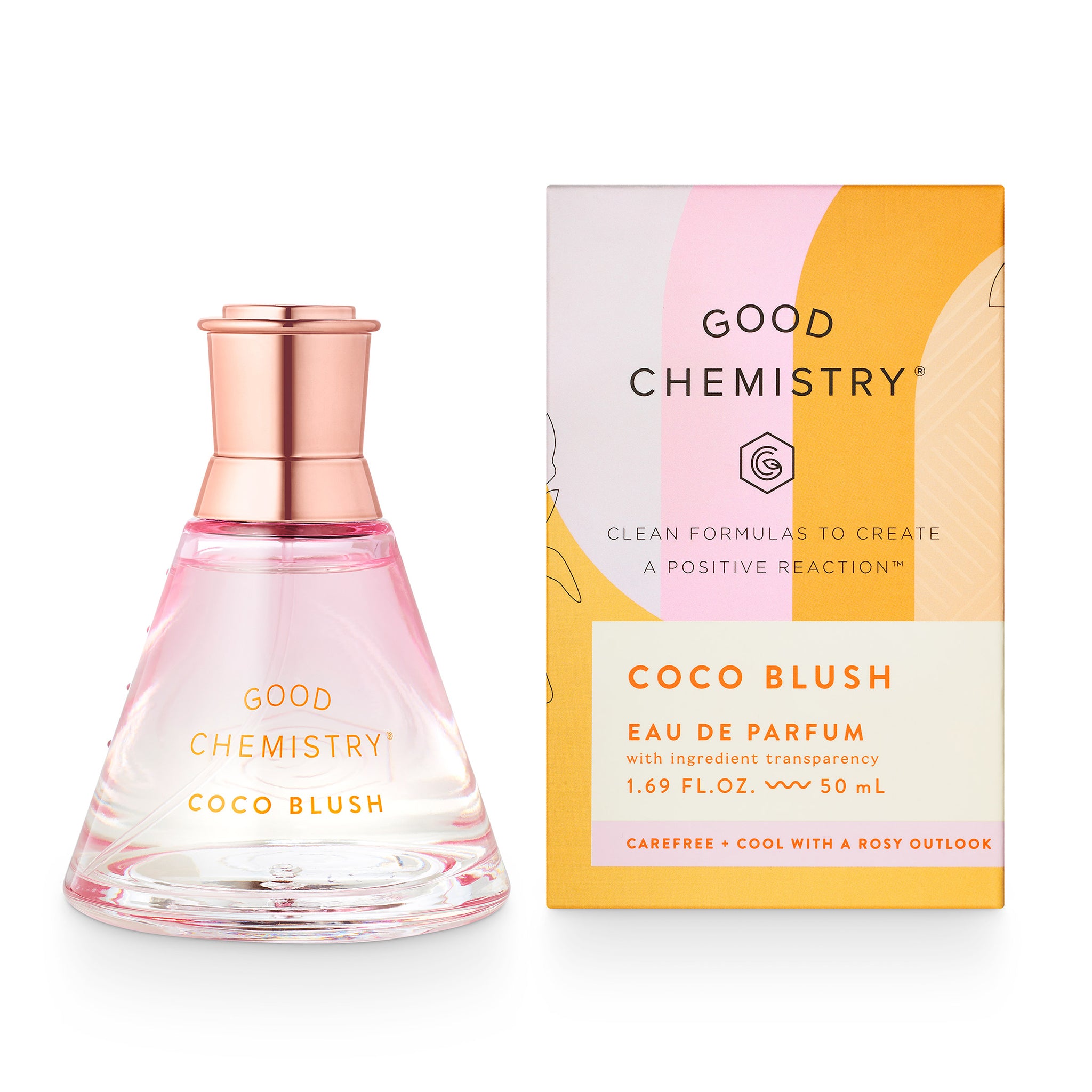 A bottle of Good Chemistry  Coco Blush Eau de Parfum with its packaging. The bottle is pink with a clear liquid visible inside and a rose gold cap.