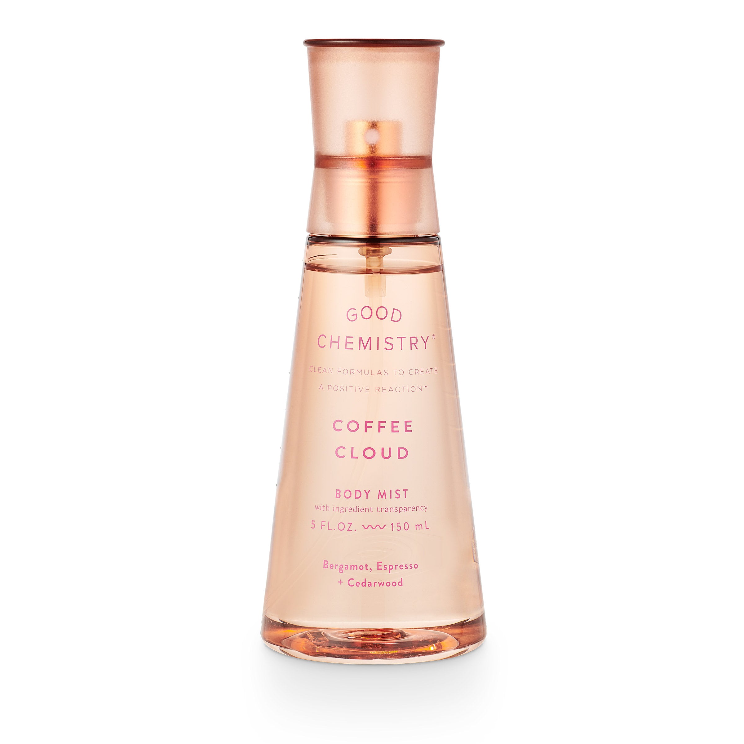 A bottle of Coffee Cloud Body Mist by Good Chemistry with a pink label and clear rose gold packaging.