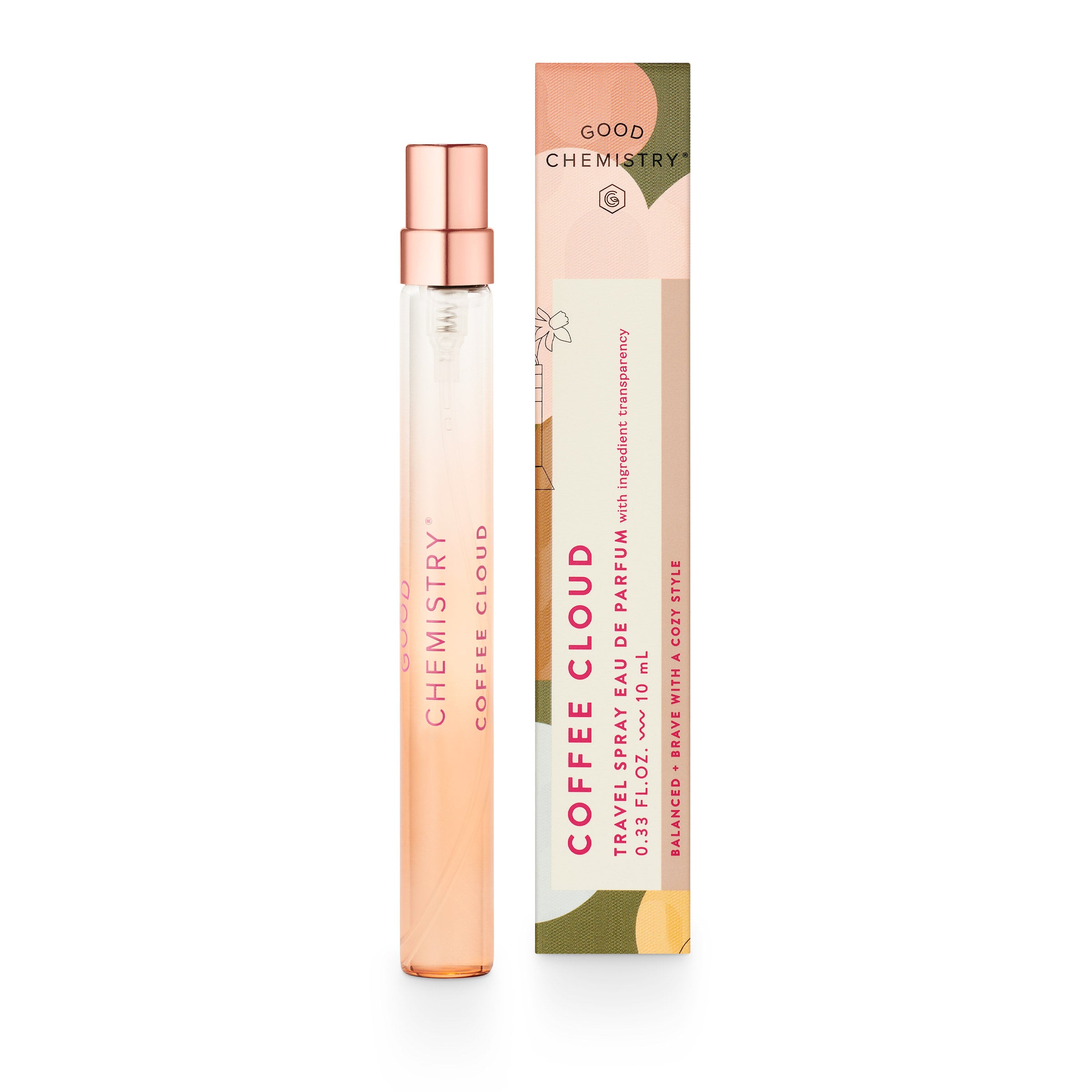 A travel spray bottle with pink cap labeled 'Coffee Cloud' alongside its packaging box with similar color scheme.