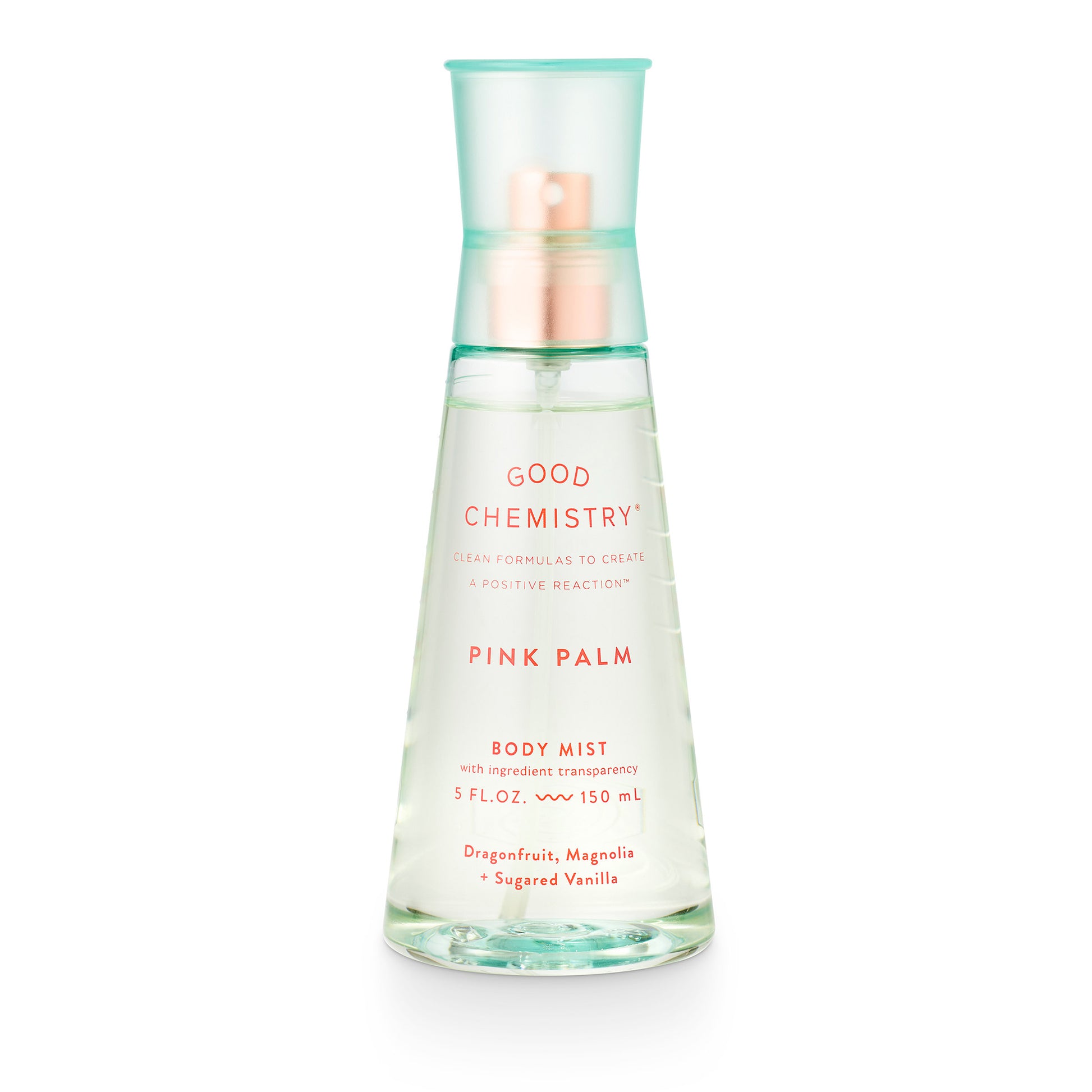 A clear spray bottle labeled 'GOOD CHEMISTRY PINK PALM BODY MIST' with a pink and green color scheme on the label.