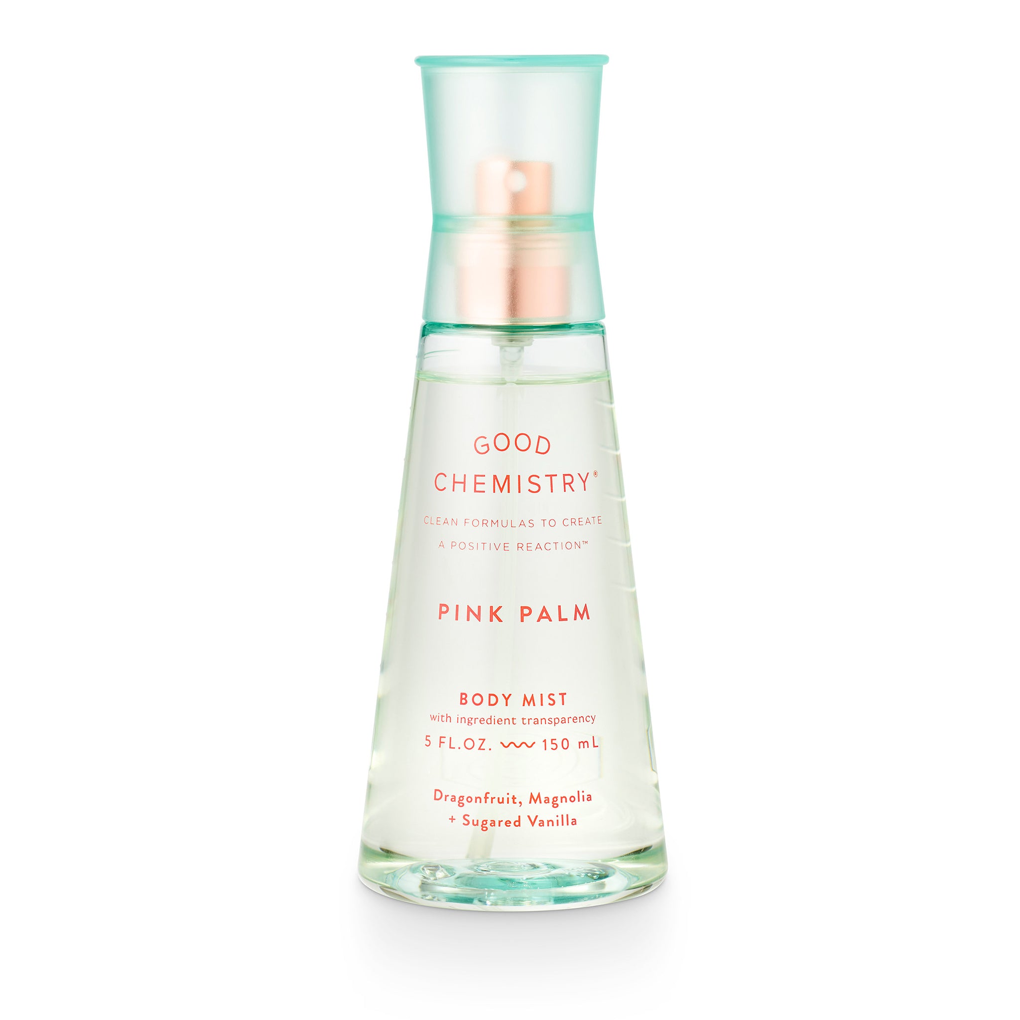 A clear spray bottle labeled 'GOOD CHEMISTRY PINK PALM BODY MIST' with a pink and green color scheme on the label.