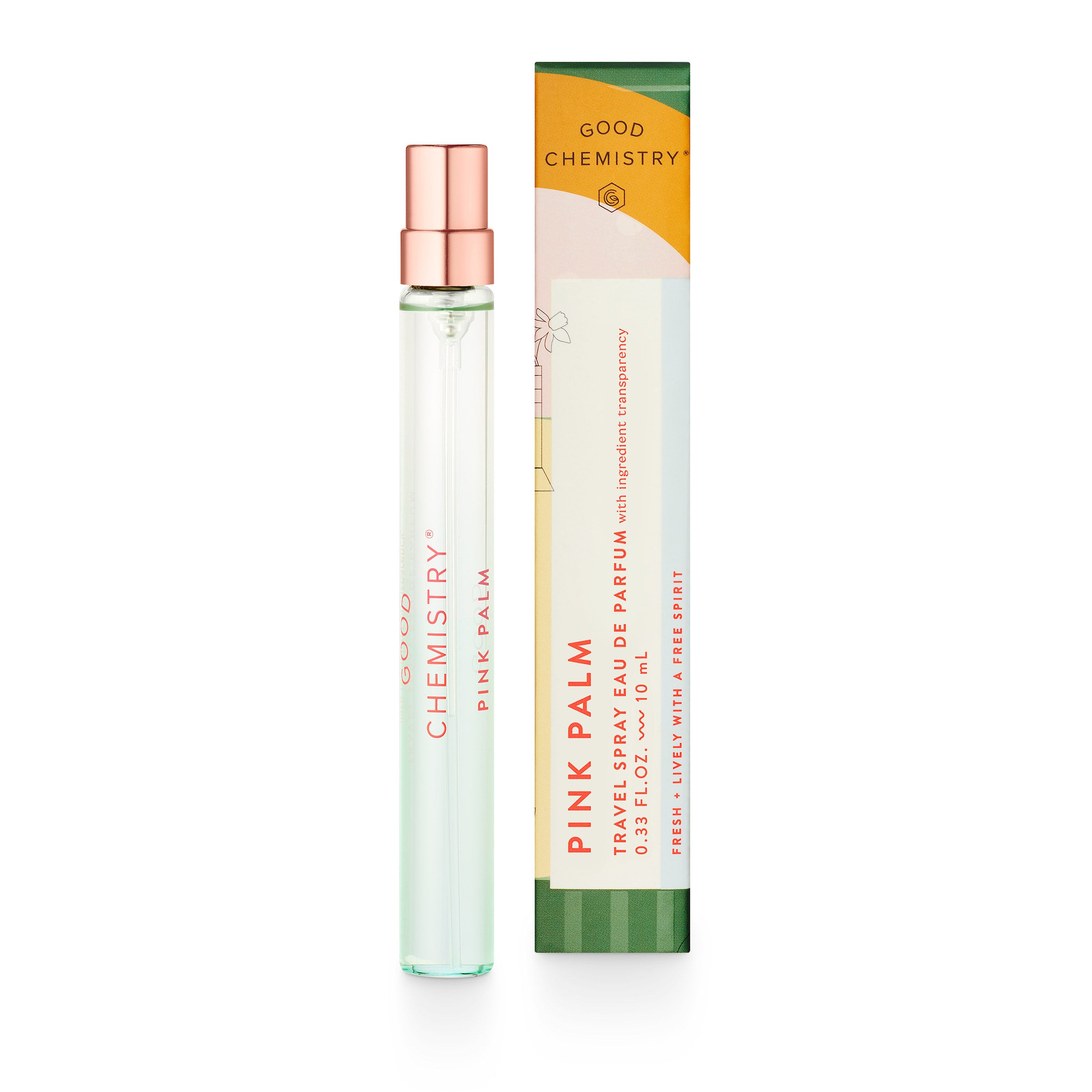 A travel spray bottle with packaging labeled 'GOOD CHEMISTRY PINK PALM EAU DE PARFUM' with a pink and green color scheme.